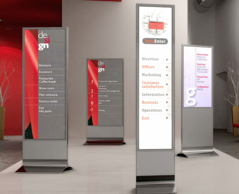 Stelen Infosäulen, unbeleuchtet / beleuchtet mit einfachem Dokument-Wechselsystem, oder für Multimedia-Wiedergabe